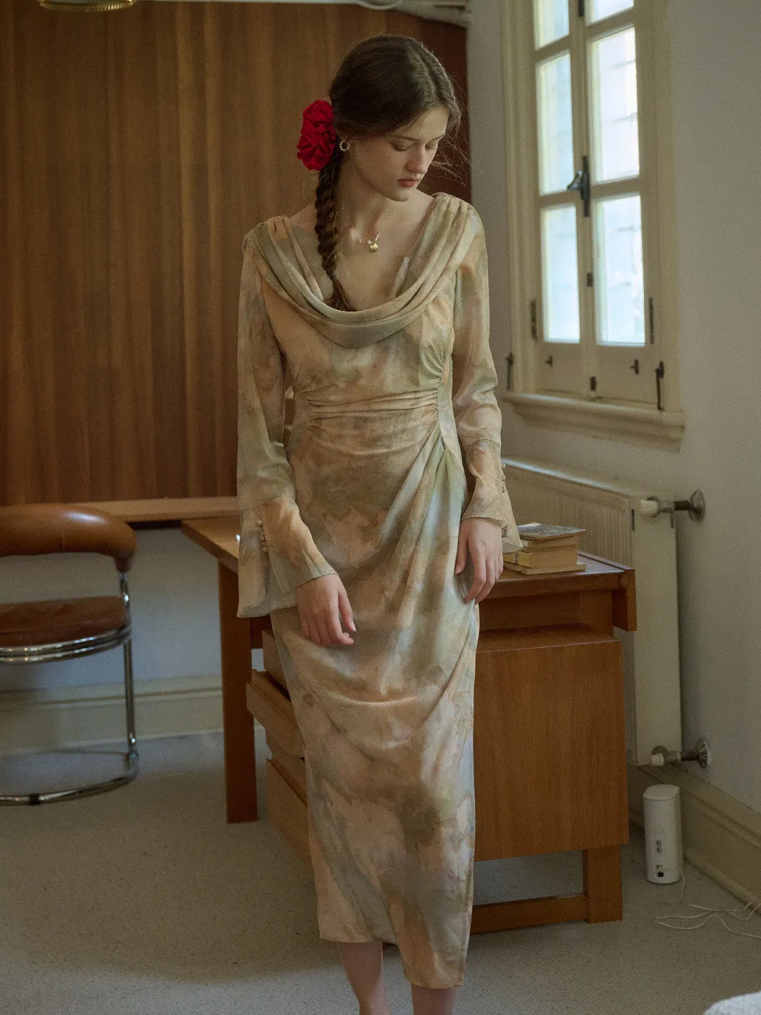 Jaliyah Elegant Vintage Oil Painting Print Slit Ruffled Sleeves Dress