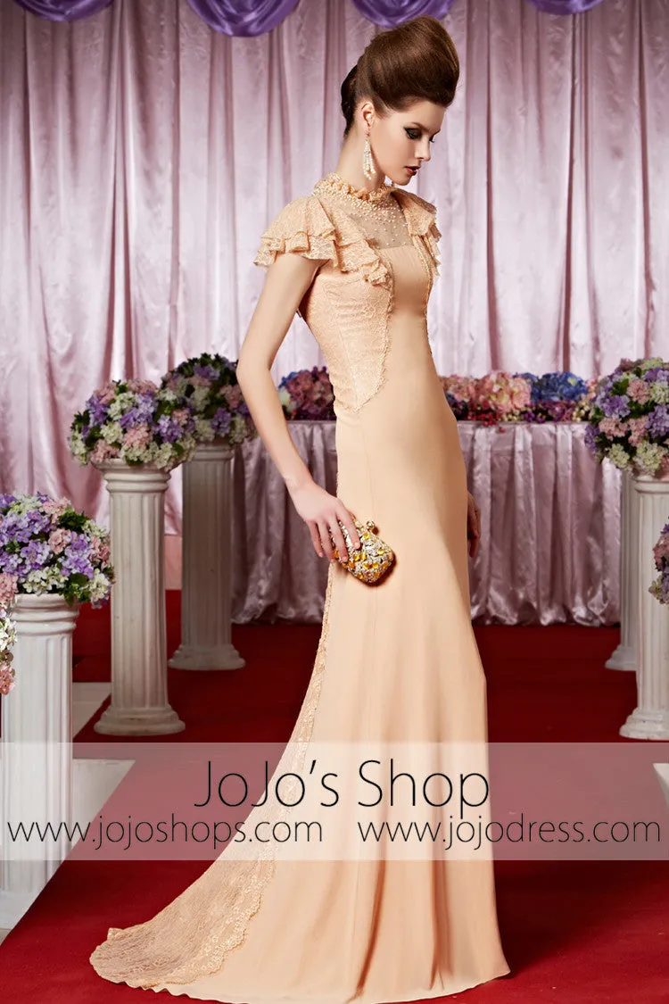 Peach Retro 1920S Victorian Modest Lace Elegant Prom Formal Evening Dress CX830312